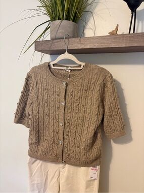 Greige Beaded Cable-Knit Short-Sleeve Cardigan - Taupe